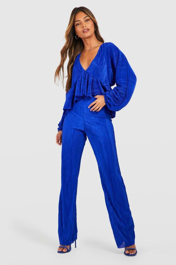 Womens Plisse Plunge Volume Blouse & Straight Leg Trouser Set - Blue - 8, Blue