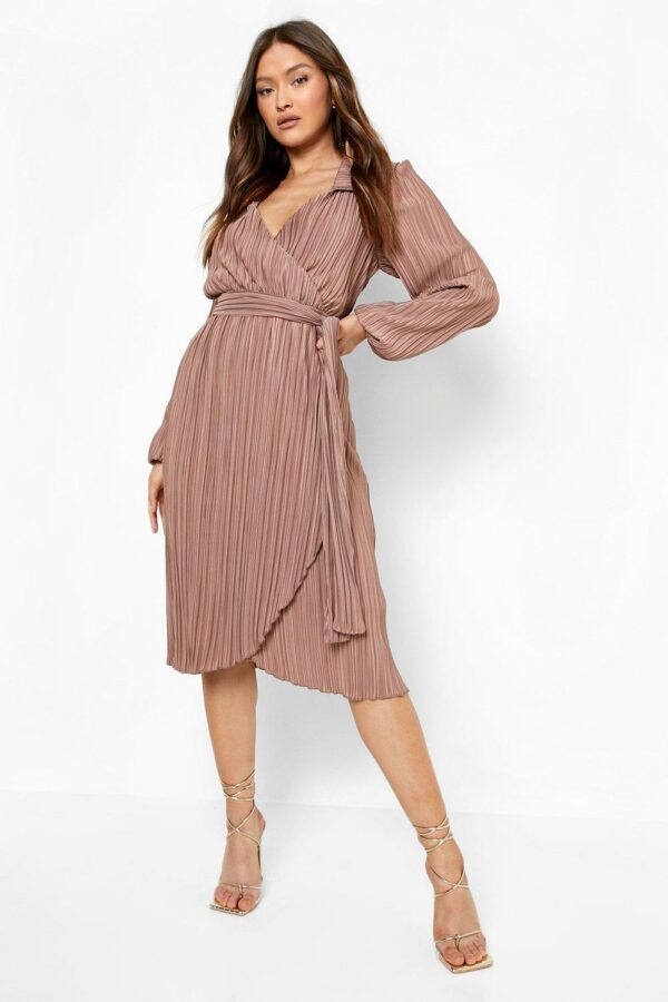 Womens Plisse Wrap Belted Shirt Dress - Beige - 16, Beige