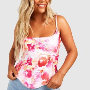 Womens Plus Abstract Floral Corset Hem Top - Pink - 16, Pink