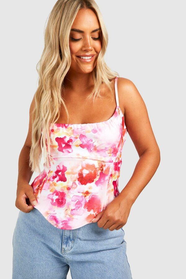 Womens Plus Abstract Floral Corset Hem Top - Pink - 16, Pink