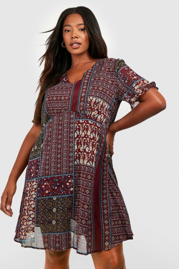 Womens Plus Boho Aztec Ruffle Smock Dress - Red - 18, Red