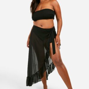 Womens Plus Chiffon Beach Ruffle Sarong Skirt - Black - 16, Black