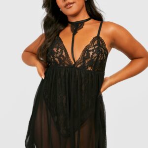 Womens Plus Choker Detail Bodysuit Babydoll - Black - 18, Black