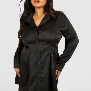 Womens Plus Cinched Waist Loose Satin Shirt Dress - Black - 18, Black