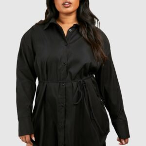 Womens Plus Cinched Waist Shoulder Pad Shirt Dress - Black - 16, Black