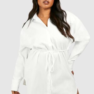 Womens Plus Cinched Waist Shoulder Pad Shirt Dress - White - 16, White