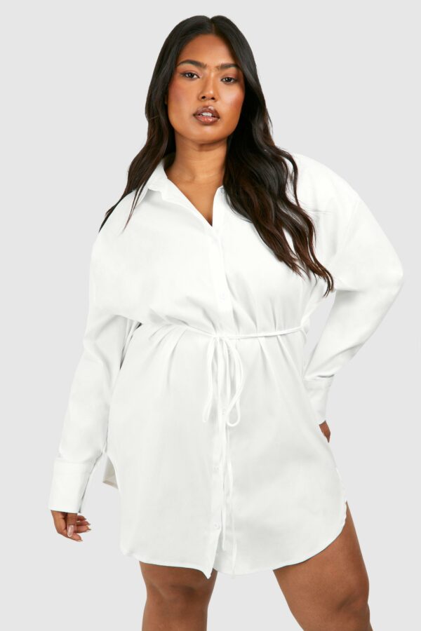 Womens Plus Cinched Waist Shoulder Pad Shirt Dress - White - 16, White