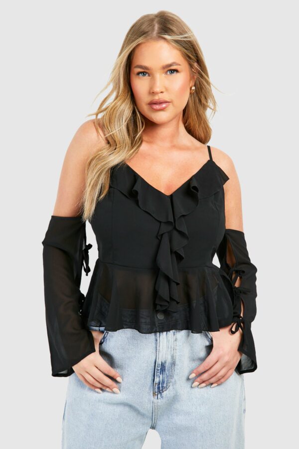 Womens Plus Cold Shoulder Ruffle Peplum Top - Black - 16, Black