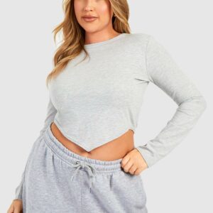 Womens Plus Cotton Crew Neck Corset Hem Top - Grey - 28, Grey