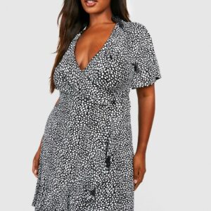 Womens Plus Dalmatian Print Ruffle Tea Dress - Black - 18, Black