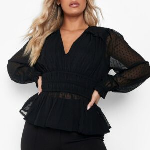 Womens Plus Dobby Mesh Volume Sleeve Blouse - Black - 16, Black