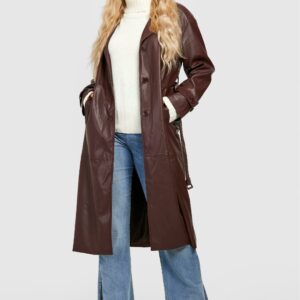 Womens Plus Faux Pu Trench Coat - Brown - 22, Brown