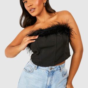 Womens Plus Feather Bandeau Corset Detail Top - Black - 28, Black