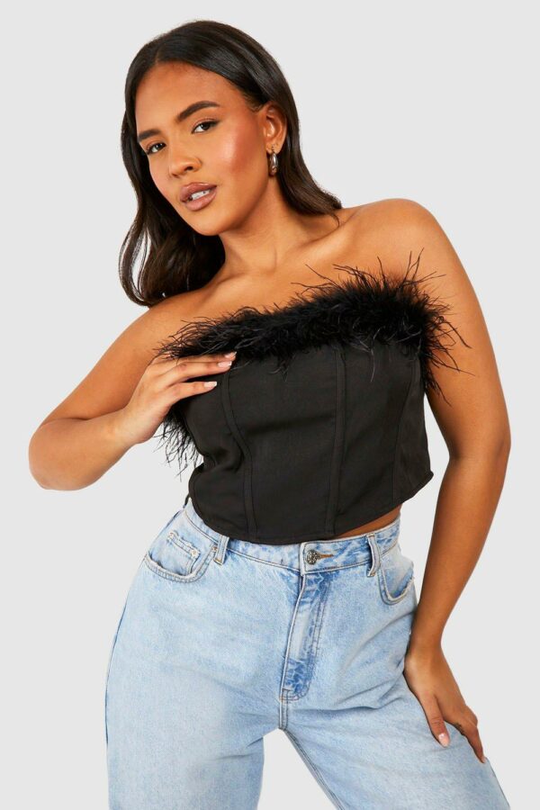 Womens Plus Feather Bandeau Corset Detail Top - Black - 28, Black