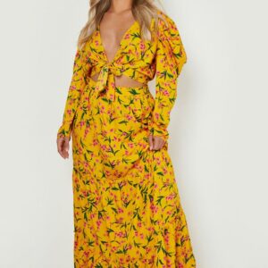 Womens Plus Floral Maxi Skirt Puff Sleeve Co-Ord - Yellow - 18, Yellow