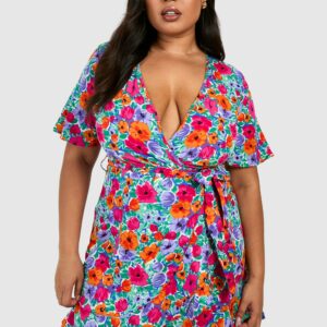 Womens Plus Floral Print Wrap Ruffle Tea Dress - Multi - 20, Multi