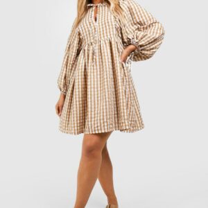 Womens Plus Gingham Textured Blouse Sleeve Smock Dress - Beige - 16, Beige