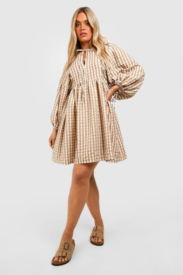 Womens Plus Gingham Textured Blouse Sleeve Smock Dress - Beige - 16, Beige