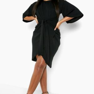 Womens Plus Kimono Sleeve Wrap Over Midi Dress - Black - 28, Black