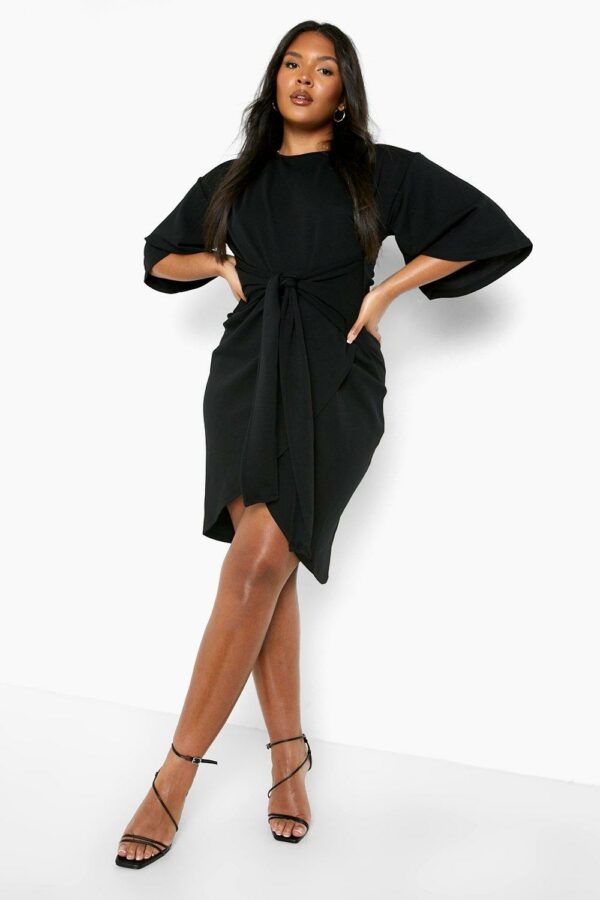 Womens Plus Kimono Sleeve Wrap Over Midi Dress - Black - 28, Black