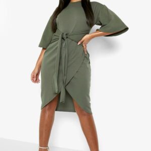 Womens Plus Kimono Sleeve Wrap Over Midi Dress - Green - 26, Green