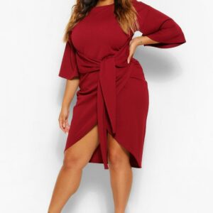 Womens Plus Kimono Sleeve Wrap Over Midi Dress - Red - 28, Red