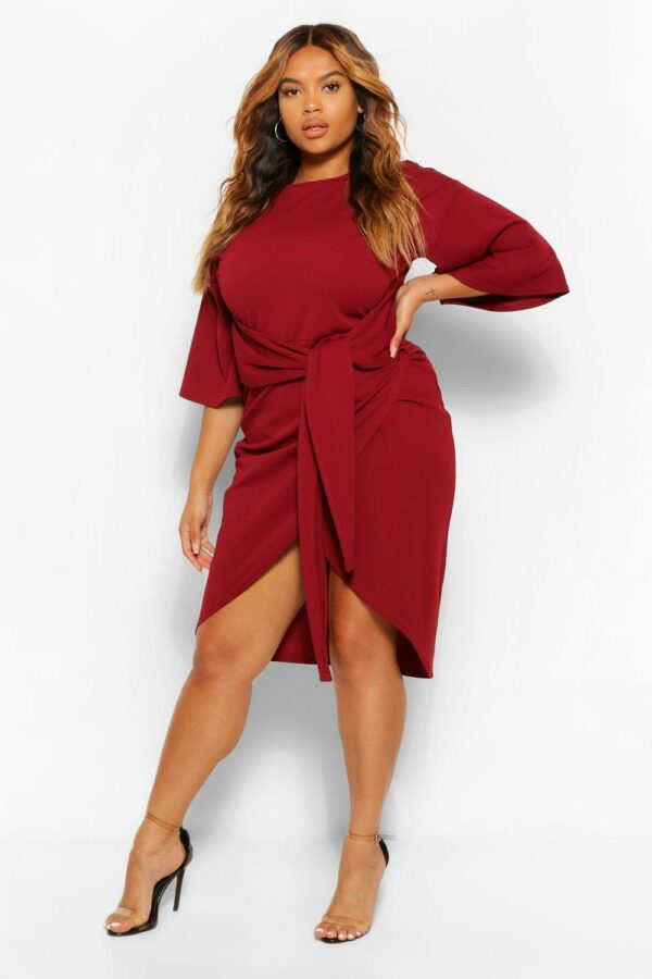 Womens Plus Kimono Sleeve Wrap Over Midi Dress - Red - 28, Red