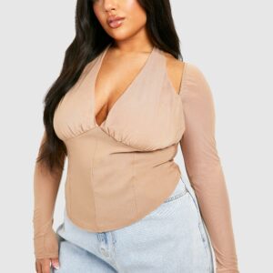 Womens Plus Mesh And Bengaline Plunge Corset Top - Beige - 16, Beige