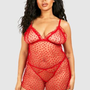 Womens Plus Mesh Heart Flocked Babydoll - Red - 16, Red