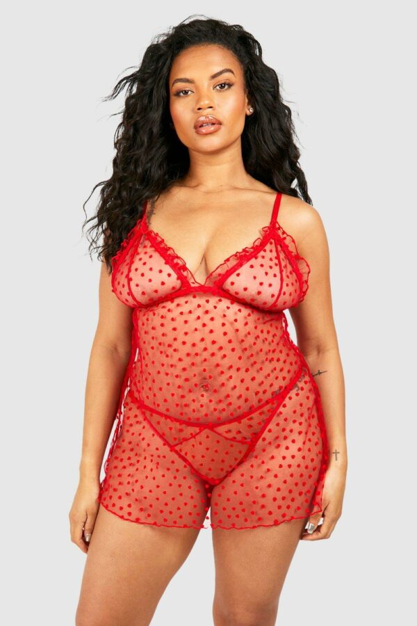 Womens Plus Mesh Heart Flocked Babydoll - Red - 16, Red