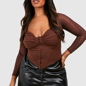 Womens Plus Mesh Sleeve Hook And Eye Corset Top - Brown - 16, Brown