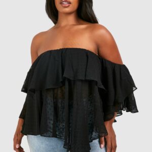 Womens Plus Off The Shoulder Dobby Mesh Top - Black - 24, Black