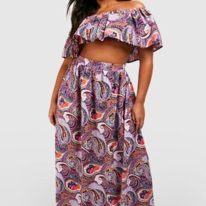 Womens Plus Paisley Ruffle Bardot Top And Maxi Skirt - Purple - 24, Purple