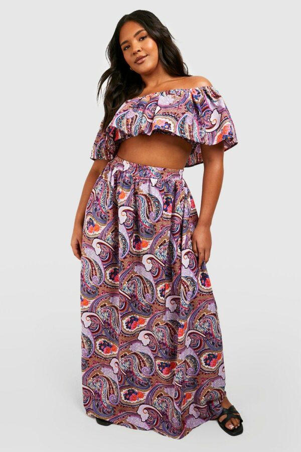 Womens Plus Paisley Ruffle Bardot Top And Maxi Skirt - Purple - 24, Purple