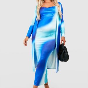 Womens Plus Printed Cowl Neck Dress And Kimono - Blue - 18, Blue