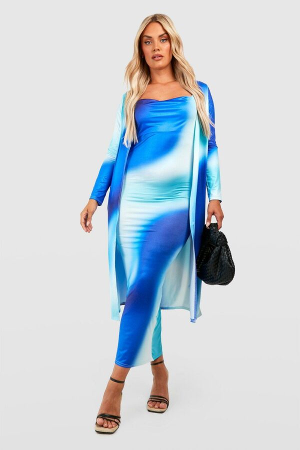 Womens Plus Printed Cowl Neck Dress And Kimono - Blue - 18, Blue