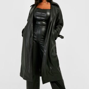 Womens Plus Pu Buckle Cuff Trench Coat - Black - 16, Black