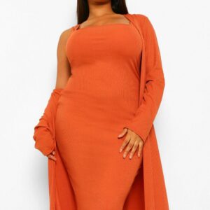 Womens Plus Rib Midi Dress & Kimono Co-Ord - Orange - 28, Orange