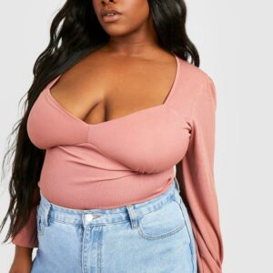 Womens Plus Rib Puff Sleeve Corset Top - Pink - 28, Pink