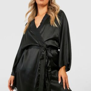 Womens Plus Satin Kimono Dressing Gown - Black - 18, Black