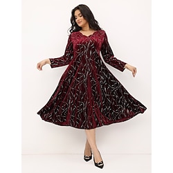 Women's Plus Size Curve Elegant Velvet Dress Party Dress A Line Dress Gradient Long Dress Maxi Dress Long Sleeve Print V Neck Party Dress Wedding Guest Dress