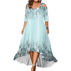 Women's Plus Size Curve Party Dress Wedding Guest Dress Swing Dress Long Dress Maxi Dress Light Green Fuchsia Green Half Sleeve Floral Cold Shoulder Summer Spring Fall V Neck Fashion Birthday