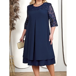 Women's Plus Size Lace Dress Party Dress Cocktail Dress Chiffon Lace Embroidered Crew Neck 3/4 Length Sleeve Floral Midi Dress Wedding Guest Birthday Pink Dark Blue Spring Fall