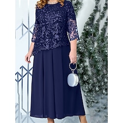 Women's Plus Size Lace Dress Party Dress Cocktail Dress Lace Patchwork Crew Neck 3/4 Length Sleeve Midi Dress Wedding Guest Cocktail Party Navy Blue Spring Fall