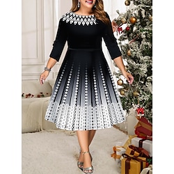 Women's Plus Size Party Dress Cocktail Dress Print Crew Neck 3/4 Length Sleeve Ombre Midi Dress Office Wedding Guest Red Blue Spring Fall