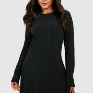 Womens Plus Soft Rib Crew Neck Swing Dress - Black - 28, Black