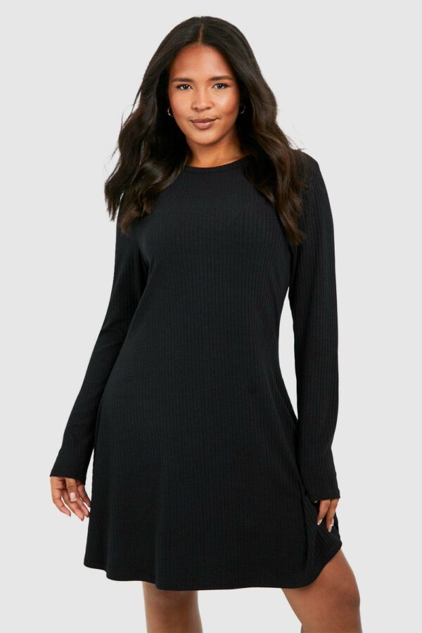 Womens Plus Soft Rib Crew Neck Swing Dress - Black - 28, Black