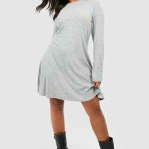 Womens Plus Soft Rib Crew Neck Swing Dress - Grey - 16, Grey