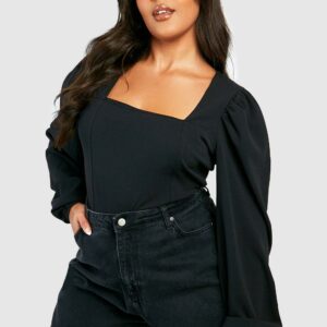 Womens Plus Square Neck Long Sleeve Corset Top - Black - 18, Black