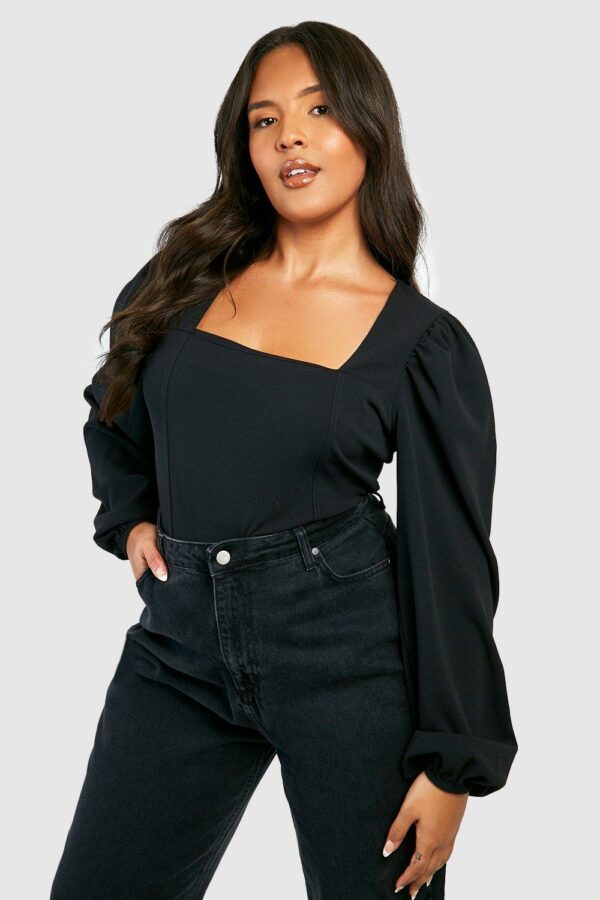 Womens Plus Square Neck Long Sleeve Corset Top - Black - 18, Black